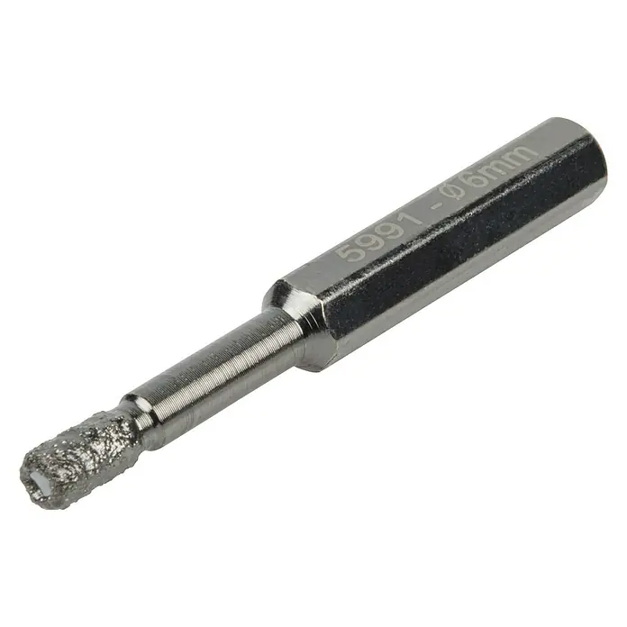 Wolfcraft Fliesenbohrer - Durchmesser Bohrer: 6 mm - Ein Detailaufnahme eines Diamantbohrers, der für seine Präzision und Haltbarkeit bekannt ist. Ideal für präzise Bohrarbeiten.