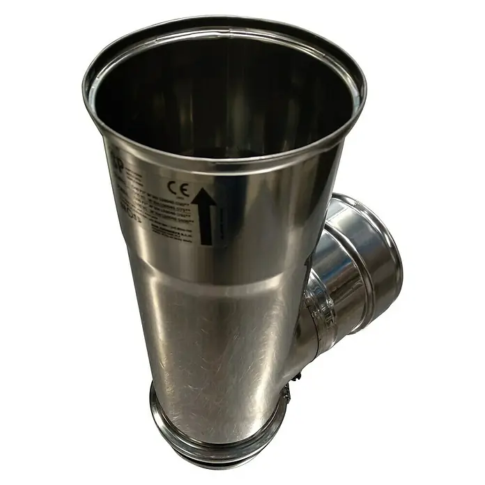 Te para estufas - Diámetro: 80 mm, 90 °, Acero inoxidable - Conector de tubo de acero inoxidable con derivación lateral y superficie brillante.