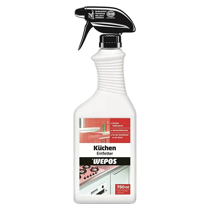 Wepos Küchen-Entfetter - 750 ml, Flasche mit Sprühkopf - Eine Sprühflasche Küchenentfetter von Wepos. Der Reiniger ist für alle Oberflächen in der Küche geeignet und hat eine hohe Fettlösekraft.