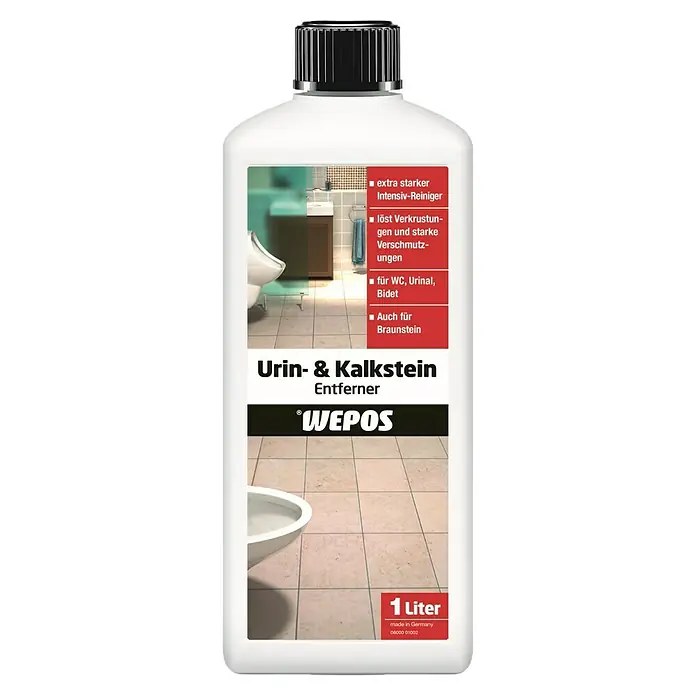 Wepos Urin- & Kalksteinentferner - 1 l, Flasche - Flasche Wepos Urin- und Kalkstein Entferner, ein kraftvoller Reiniger zur Beseitigung von Urinstein und Kalkablagerungen im Badezimmer.
