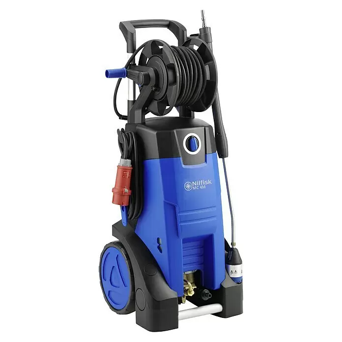 Nilfisk Hochdruckreiniger MC4M-160/620 XT - 3.000 W, Max. Druck: 160 bar, Fördermenge: 620 l/h - Blauer und schwarzer Nilfisk MC 4M Profi-Hochdruckreiniger mit Schlauchtrommel, Netzkabel und Spritzpistolenhalter.