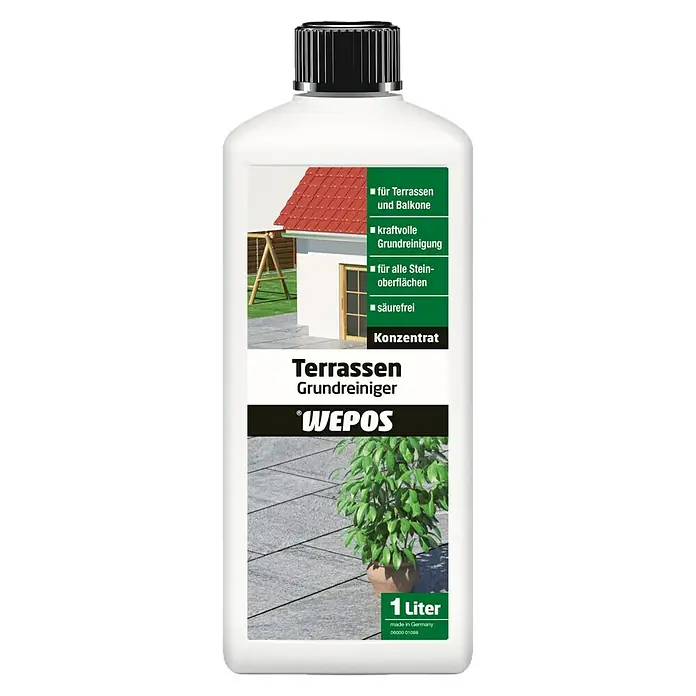 Wepos Grundreiniger Terrassen - 1 l, Flasche - Produktbild eines "WEPOS Terrassen Grundreiniger" Konzentrats, ideal für Terrassen und Balkone. Kraftvolle Reinigung für alle Steinoberflächen.