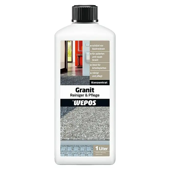 Wepos Reinigungsmittel Granit Reiniger & Pflege - 1 l, Flasche - Flasche Granit Reiniger & Pflege von Wepos, 1 Liter. Schützt vor Austrocknen, ideal für polierten und rauen Granit sowie Arbeitsplatten.