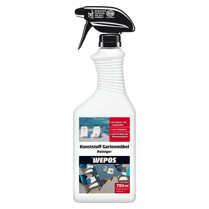 Wepos Reinigungsmittel Kunststoff Garten Reiniger - 750 ml, Flasche mit Sprühkopf - Flasche Kunststoff Gartenmöbel Reiniger von Wepos, 750 ml. Reiniger für Geflecht- und Loungemöbel, wirkt antistatisch und ist für Boote geeignet.