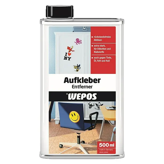 Wepos Aufkleber-Kleberesteentferner - 250 ml - Produktbild eines Aufkleberentferners von Wepos, der Aufkleber, Tinte, Öl und Fett zuverlässig entfernt und eine rückstandsfreie Ablösung garantiert.