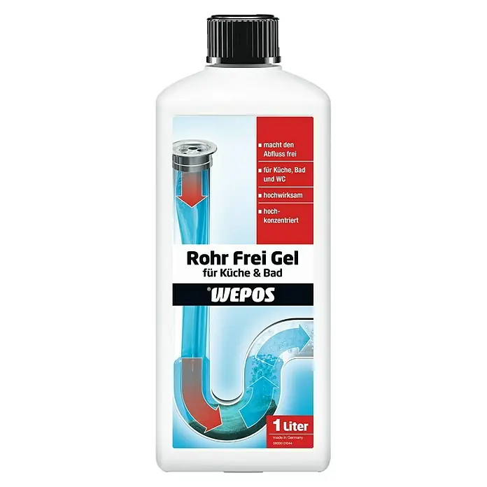 Wepos Abflussreiniger Rohr Frei Gel für Küche & Bad - 1 l, Flasche - Flasche Rohr Frei Gel von Wepos. Hochwirksames Gel zur Beseitigung von Verstopfungen in Küche und Bad, 1 Liter, hergestellt in Deutschland.