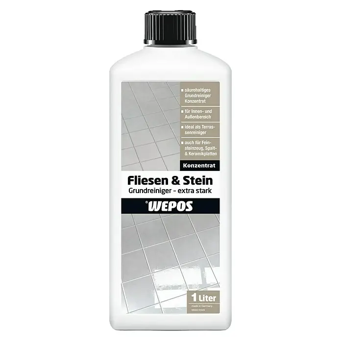 Wepos Grundreiniger Fliesen & Stein - extra stark - 1 l, Flasche - Abbildung einer Flasche Fliesen- und Steinreiniger von Wepos. Das Produkt ist ein säurehaltiges Konzentrat für extra starke Reinigung.