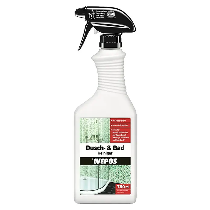Wepos Reinigungsmittel Dusch- & Bad Reiniger750 ml, Flasche mit Sprühkopf - Bild einer Flasche Dusch- & Bad Reiniger von Wepos. Der Reiniger verspricht streifenfreie Sauberkeit und Schutz vor Kalkablagerungen im Bad.