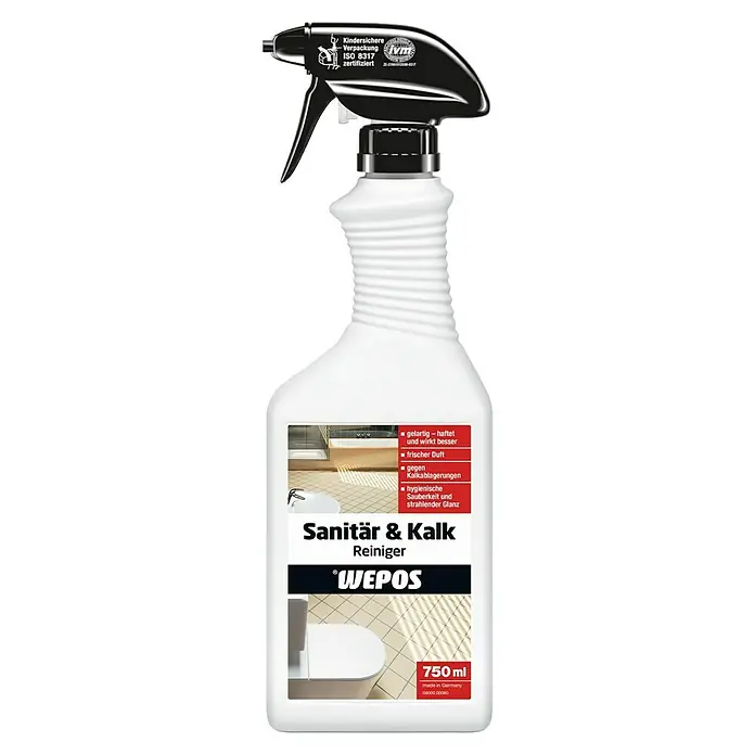 Wepos Reinigungsmittel Sanitär & Kalk Reiniger - 750 ml, Flasche mit Sprühkopf - Bild einer 750ml Flasche "Wepos Sanitär & Kalk Reiniger".