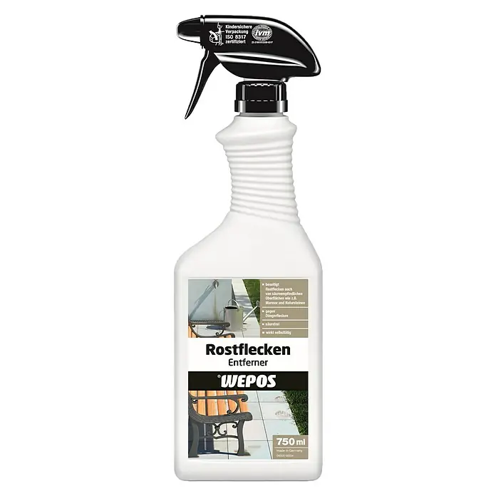Wepos Rostflecken-Entferner - 750 ml, Flasche mit Sprühkopf - Bild einer Flasche WEPOS Rostfleckenentferner, die hartnäckige Rostflecken beseitigt und für verschiedene Oberflächen geeignet ist.