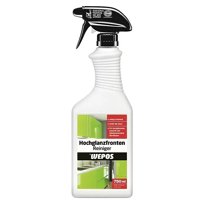 Wepos Reinigungsmittel Hochglanzfronten Reiniger - 750 ml, Flasche mit Sprühkopf - Vorderansicht