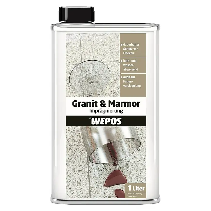 Wepos Marmor- & Granitimprägnierung - 1 l, Flasche - Produktbild einer 1 Liter Flasche Granit- und Marmorimprägnierung von WEPOS.