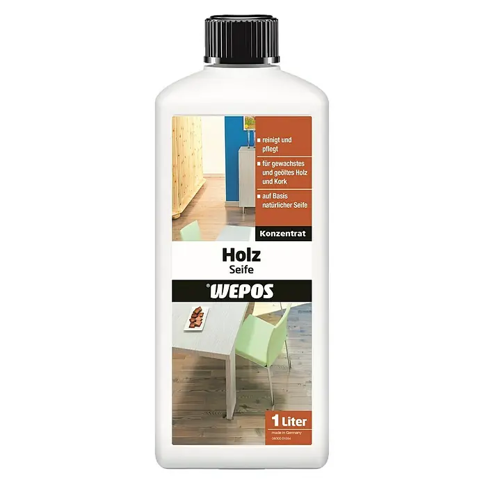 Wepos Holzseife - 1 l, Flasche - Bild einer Flasche Holzseife von Wepos. Das Holzpflegemittel reinigt und pflegt gewachste, geölte Hölzer und Kork und basiert auf natürlicher Seife.