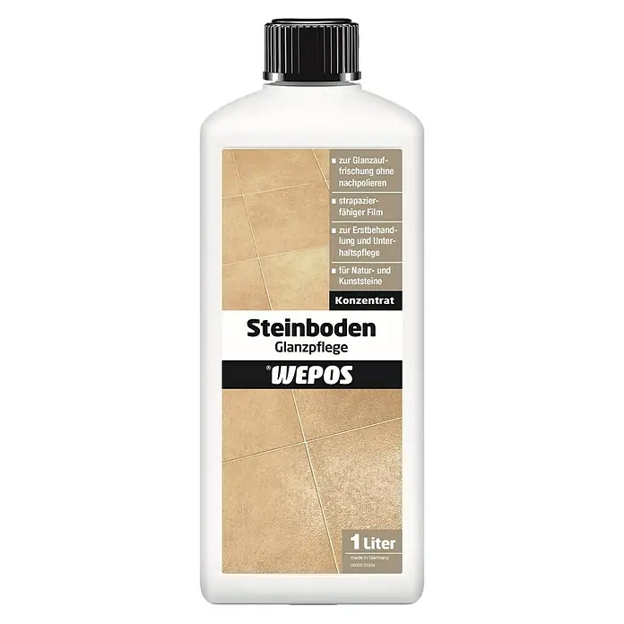 Wepos Pflegemittel Steinboden Glanzpflege - 1 l - Produktfoto: Eine Flasche Steinboden Glanzpflege von Wepos, ein Reinigungsmittel für glänzende Steinböden, 1 Liter Inhalt.