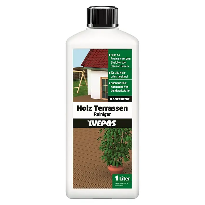 Wepos Reinigungsmittel Holz Terrassen Reiniger - 1 l, Flasche - Bild einer Flasche Holzterrassen-Reiniger von Wepos. Das Produkt ist ein Konzentrat und eignet sich für alle Holzarten.