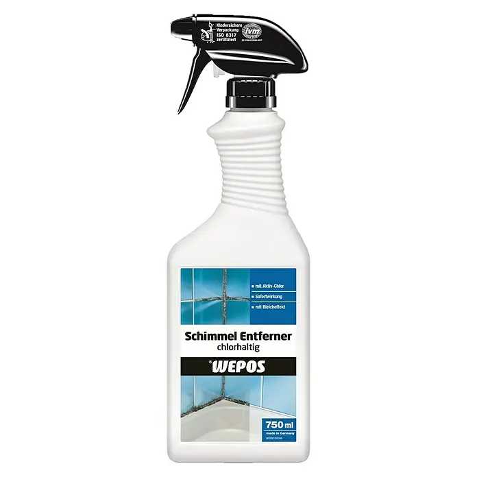 Wepos Schimmel-Entferner Chlorhaltig - 750 ml, Flasche mit Sprühkopf - Produktbild eines Schimmelentferners von Wepos, chlorhaltig und in einer 750ml Sprühflasche.