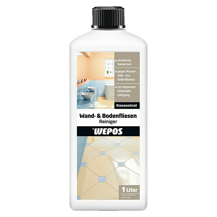 Wepos Reinigungsmittel Wand- & Bodenfliesen Reiniger - 1 l, Flasche - Fliesenreiniger: Wepos Wand- & Bodenfliesen Reiniger Konzentrat für strahlende Sauberkeit und zur Entfernung von Kalk- und Seifenflecken.