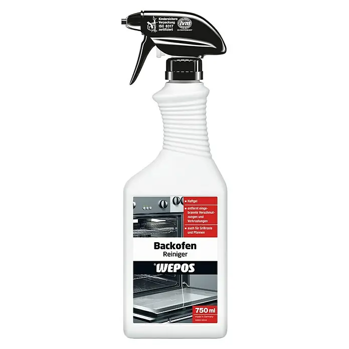 Wepos Reinigungsmittel Backofen Reiniger - 750 ml, Flasche mit Sprühkopf - Sprühflasche Backofenreiniger von Wepos, 750ml. Entfernt Eingebranntes, auch für Grillroste & Pfannen. Kindersichere Verpackung, zertifiziert nach ISO 8317.