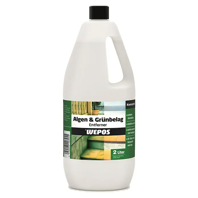 Wepos Algen- & Grünbelagsentferner - 2 l, Flasche - Produktfoto von Wepos Algen & Grünbelag Entferner, 2 Liter, zur Reinigung von Steinen, Holz, Kunststoffen und Glas, wirkt selbsttätig und vorbeugend.