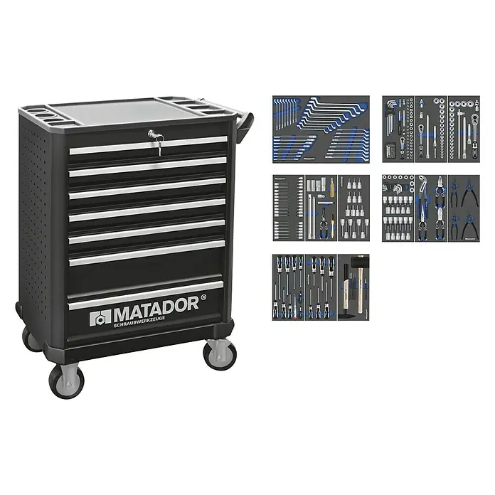 Matador Werkstattwagen Ratio Automotive Pro - L x B x H: 470 x 785 x 1.030 mm, Anzahl Schubladen: 7 Stk., Zubehör: 279 -tlg. - Matador Werkzeugwagen mit Schubladen und Werkzeugsortiment. Ideal für Werkstätten und den professionellen Einsatz.