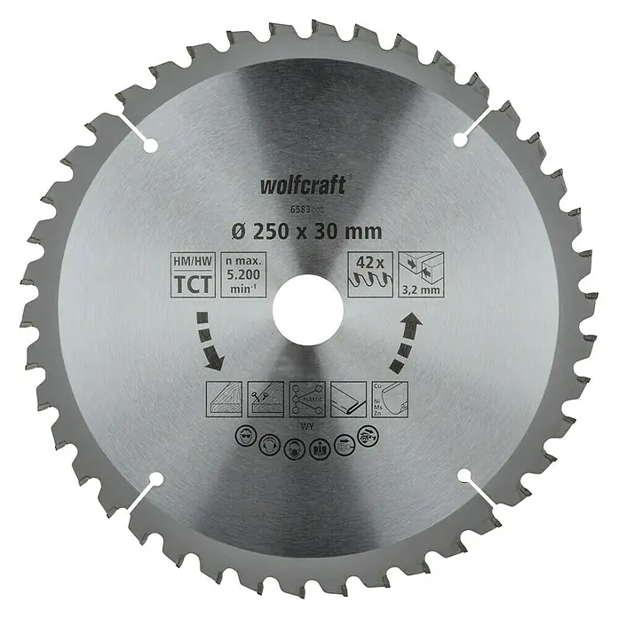 Wolfcraft Kreissägeblatt Serie lila - 250 mm, Bohrung: 30 mm, Anzahl Zähne: 42 Stk. - Kreissägeblatt von Wolfcraft, 250 x 30 mm, mit 42 Zähnen und einer maximalen Drehzahl von 5.200 U/min für präzise Schnitte.