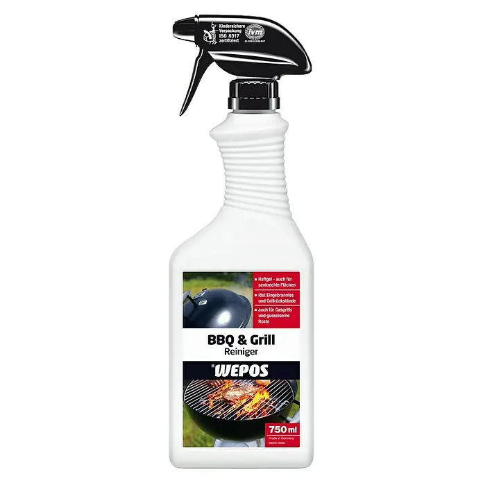 Wepos Reinigungsmittel BBQ & Grill Reiniger - 750 ml, Flasche mit Sprühkopf - Die BBQ & Grill Reiniger Sprühflasche von Wepos mit 750ml Inhalt, ist ideal für die Reinigung von Grillrosten und eingebrannten Flächen.