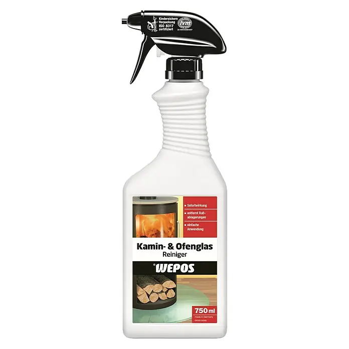 Wepos Reinigungsmittel Kamin- & Ofenglas Reiniger750 ml, Flasche mit Sprühkopf - Das Bild zeigt eine Flasche Kamin- & Ofenglas Reiniger der Marke Wepos. Die Flasche ist weiß und hat einen schwarzen Sprühkopf.