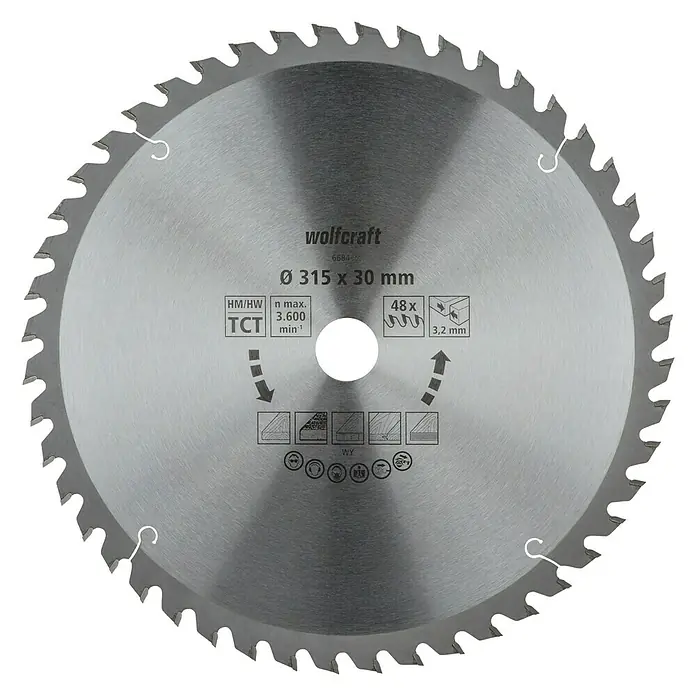 Wolfcraft Kreissägeblatt Serie orange - 315 mm, Bohrung: 30 mm, Anzahl Zähne: 48 Stk. - Wolfcraft Kreissägeblatt mit einem Durchmesser von 315 mm und einer Bohrung von 30 mm. Es hat 48 Zähne und ist für max. 3.600 U/min ausgelegt.