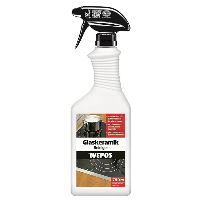 Wepos Reinigungsmittel Glaskeramik Reiniger - 750 ml, Flasche mit Sprühkopf - Flasche GlasKeramik Reiniger von Wepos. Der Reiniger ist für Glaskeramik- und Induktionskochfelder und sorgt für strahlenden Glanz.