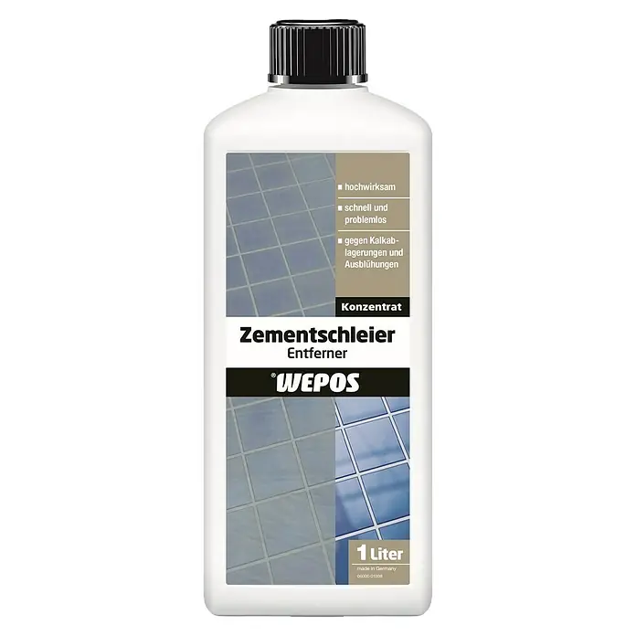 Wepos Zementschleierentferner - 1 l, Flasche - Flasche Zementschleier Entferner von Wepos. Hochwirksam, schnell und problemlos gegen Kalkablagerungen. Konzentrat in 1 Liter Flasche.