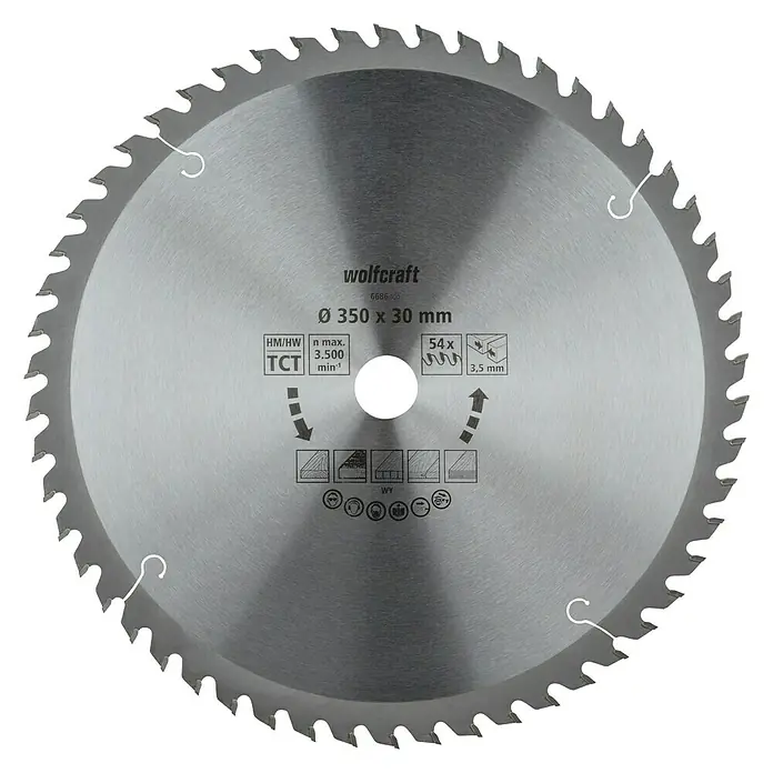 Wolfcraft Kreissägeblatt Serie orange - 350 mm, Bohrung: 30 mm, Anzahl Zähne: 54 Stk. - Aufnahme einer Kreissäge von Wolfcraft, 350 x 30 mm, mit 54 Zähnen, ideal zum Sägen von Holz.