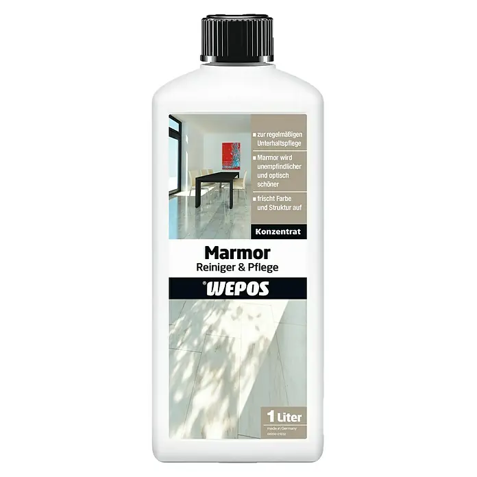 Wepos Reinigungsmittel Marmor Reiniger & Pflege - 1 l, Flasche - Flasche Marmor Reiniger & Pflege von Wepos. Das Produkt ist ein Konzentrat für die regelmäßige Unterhaltspflege, hergestellt in Deutschland.