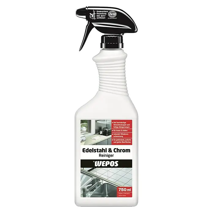 Wepos Reinigungsmittel Edelstahl & Chrom Reiniger - 750 ml, Flasche mit Sprühkopf - Abbildung einer Sprühflasche Edelstahl- und Chromreiniger der Marke Wepos mit 750 ml Inhalt zur Reinigung von Oberflächen.