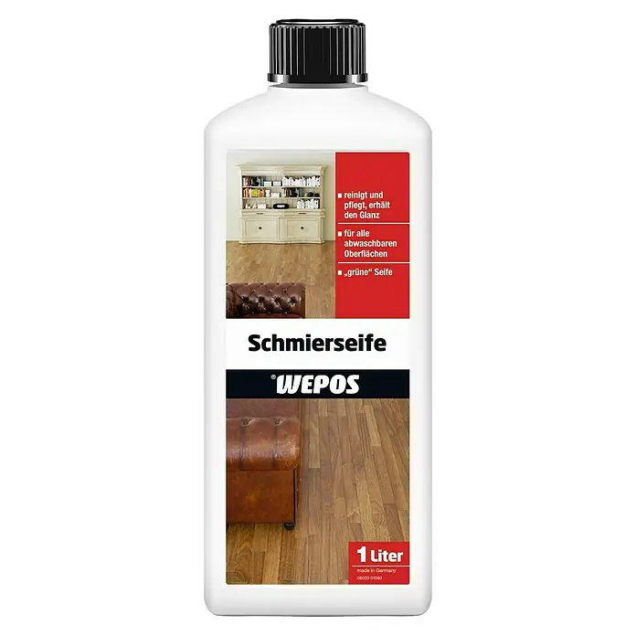 Wepos Schmierseife - 1 l, Flasche - Abbildung einer Flasche Schmierseife von Wepos, einem Reinigungsmittel zur Pflege und Erhaltung des Glanzes abwaschbarer Oberflächen.