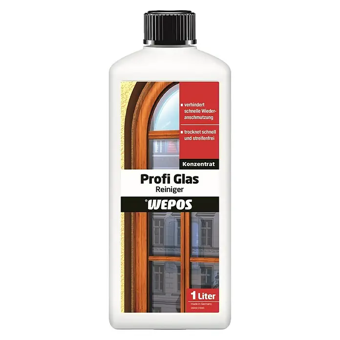Wepos Glasreiniger Profi - 1 l, Flasche - Flasche Profi Glas Reiniger von WEPOS. Der Glasreiniger verhindert schnelle Wiederanschmutzung und trocknet schnell und streifenfrei.