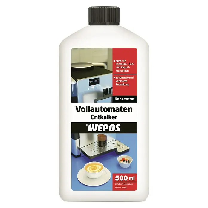 Wepos Entkalker für Vollautomaten500 ml, Flasche - Flasche Wepos Vollautomaten Entkalker, ein Konzentrat zur schonenden und wirksamen Entkalkung von Espresso-, Pad- und Kapselmaschinen.