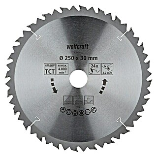 Wolfcraft Kreissägeblatt Serie braun (250 mm, Bohrung: 30 mm, 24 Stk., Geeignet für: Tischkreissägen)