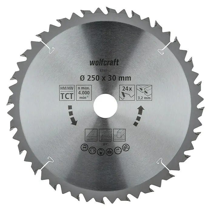 Wolfcraft Kreissägeblatt Serie braun - 250 mm, Bohrung: 30 mm, Anzahl Zähne: 24 Stk. - Kreissägeblatt von Wolfcraft, 250 mm Durchmesser, geeignet für Holzbearbeitung mit 24 Zähnen und einer maximalen Drehzahl von 4.000 U/min.