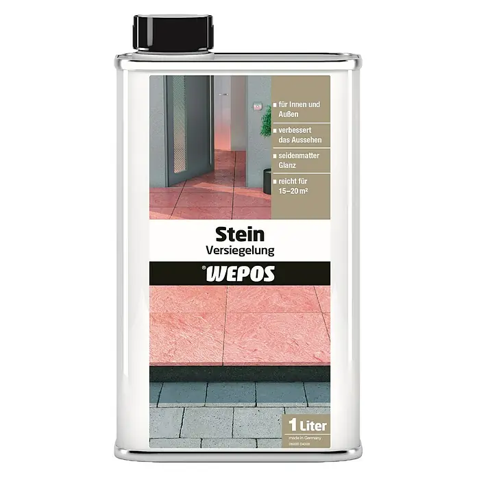 Wepos Versiegelung für SteinFarblos, Seidenmatt, 1 l - Abbildung einer 1L-Dose Steinversiegelung von WEPOS. Sie ist für Innen- und Außenbereiche geeignet und sorgt für seidenmatten Glanz.