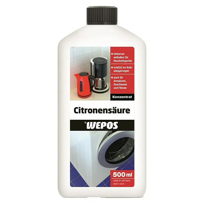 Wepos Entkalker Zitronensäure - 500 ml, Flasche - Flasche Zitronensäure von Wepos, ein universeller Entkalker für Haushaltsgeräte, der vor Kalkablagerungen schützt. Inhalt: 500 ml, hergestellt in Deutschland.