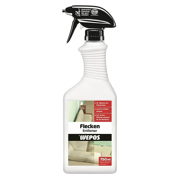 Wepos Fleckenentferner Teppich - 750 ml, Flasche mit Sprühkopf - Bild einer Flasche WEPOS Fleckenentferner, ideal für Teppiche, Polstermöbel und Textilien. Wirkt stark, aber schonend zur Oberfläche.
