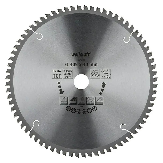 Wolfcraft Kreissägeblatt Serie orange - 305 mm, Bohrung: 30 mm, Anzahl Zähne: 72 Stk. - Wolfcraft HM/HW TCT Sägeblatt mit einem Durchmesser von 305 mm und 72 Zähnen für präzise Schnitte in verschiedenen Materialien.