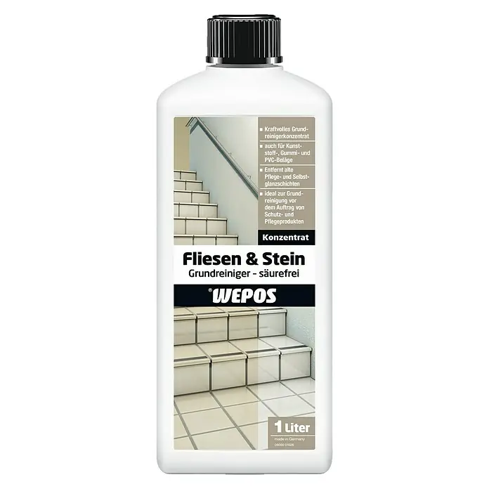 Wepos Grundreiniger Fliesen & Stein säurefrei - 1 l, Flasche - Fliesen & Stein Grundreiniger von Wepos, ein kraftvolles Konzentrat für die gründliche Reinigung von Fliesen und Steinböden.
