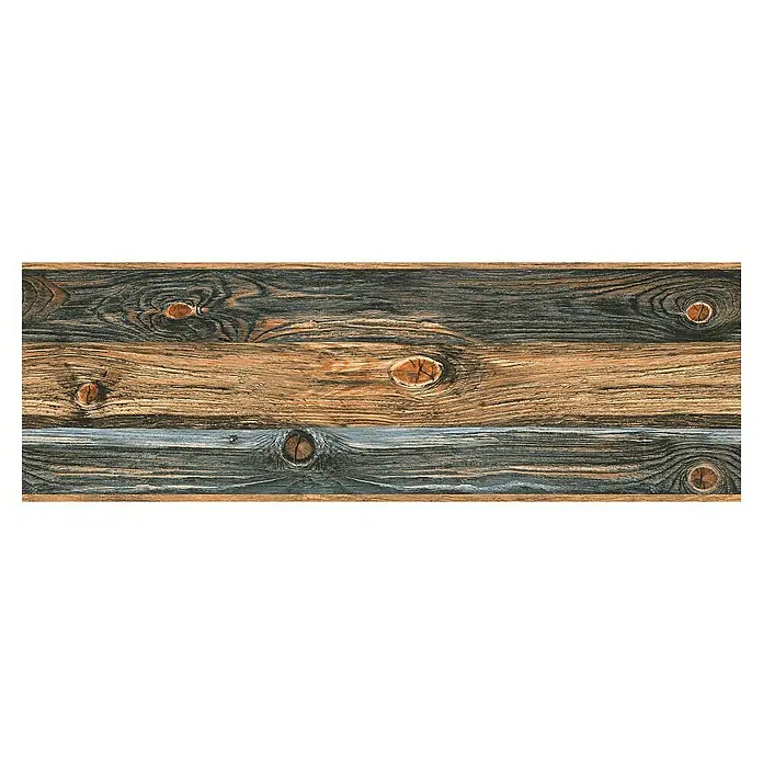 A.S. Création Only Borders 11 Tapetenborte Holzoptik - Braun, L x H: 5 x 0,17 m, Selbstklebefolie - Detailaufnahme eines Holzpaneels mit markanter Maserung und Astlöchern in verschiedenen Farbnuancen für eine rustikale Optik.