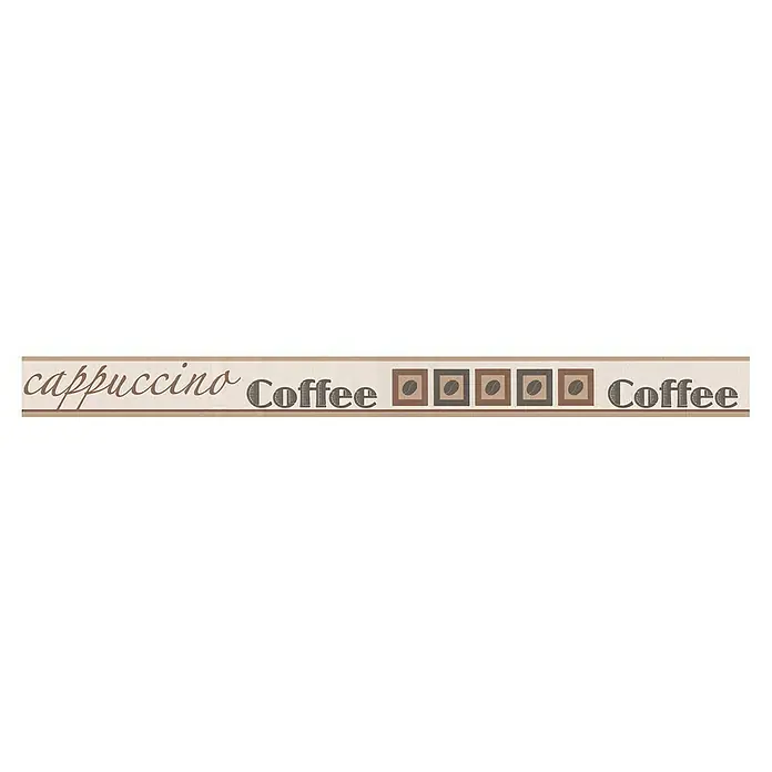 A.S. Création Only Borders 11 Tapetenborte - Kunststoff, Coffee - Kaffeebordüre mit der Aufschrift "Cappuccino Coffee" und Kaffeebohnenmotiven, perfekt für die Küchendekoration.