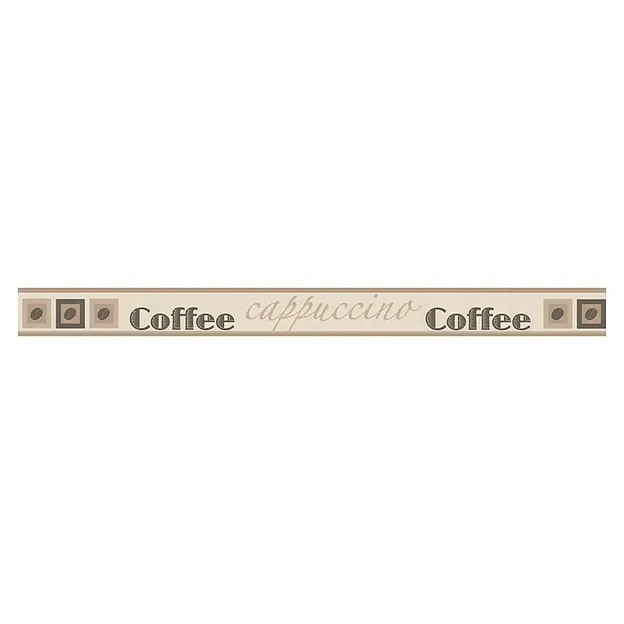 A.S. Création Only Borders 11 Tapetenborte - Kunststoff, Cappuccino - Braun-beige Kaffee Bordüre mit Kaffeebohnen-Quadraten und dem Wort Kaffee/Cappuccino, ideal für die Küchendekoration.