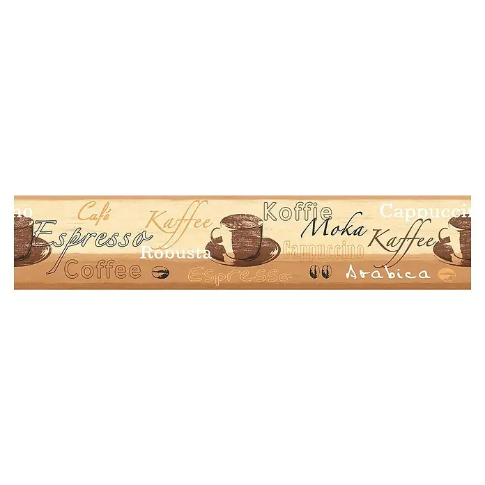 A.S. Création Only Borders 11 Tapetenborte - Kunststoff, Kaffee - Eine detailreiche Bordüre mit Kaffeetassen und Kaffeebegriffen, ideal für die Küche. Perfekt für Kaffeeliebhaber und stilvolle Dekoration.