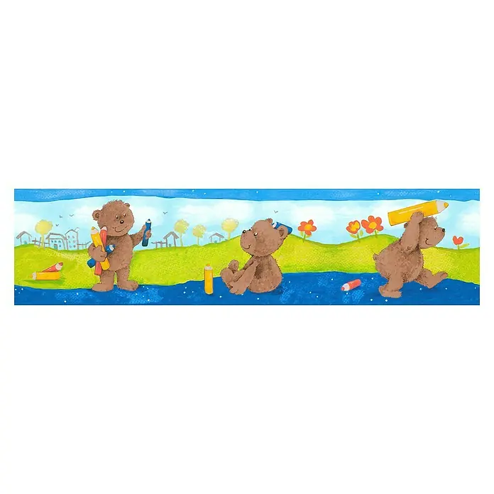 A.S. Création Only Borders 11 Tapetenborte - Kunststoff, Teddybär auf Wiese - Illustration von Teddybären mit Buntstiften vor einer malerischen Landschaft, ideal für Kinderzimmerdekoration.