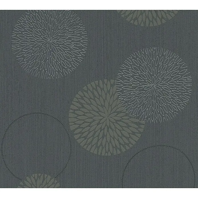 A.S. Création Casual Living Vliestapete Kreise - Anthrazit-Grau, Grafisch, 10,05 x 0,53 m - Dekoratives Tapetenmuster in Anthrazit mit stilisierten Blütenmotiven in Grau- und Weißtönen für eine moderne Wandgestaltung.