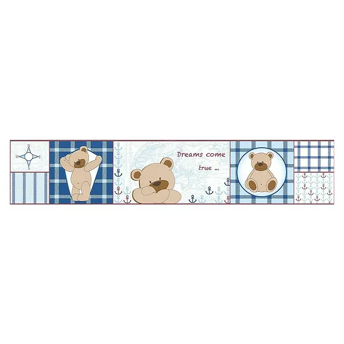A.S. Création Only Borders 11 Tapetenborte Teddy - Blau, 5 x 0,1 m, Selbstklebefolie - Niedlicher Wandaufkleber mit Teddybär-Motiven, nautischen Elementen und dem Schriftzug "Dreams come true" für Kinderzimmer.